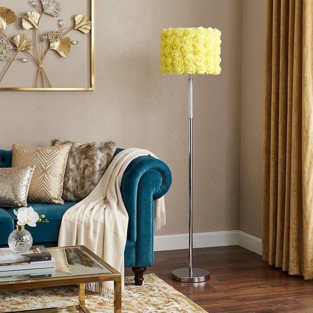 63" Steel and Acrylic Floor Lamp With Yellow Flowers Fabric Drum Shade