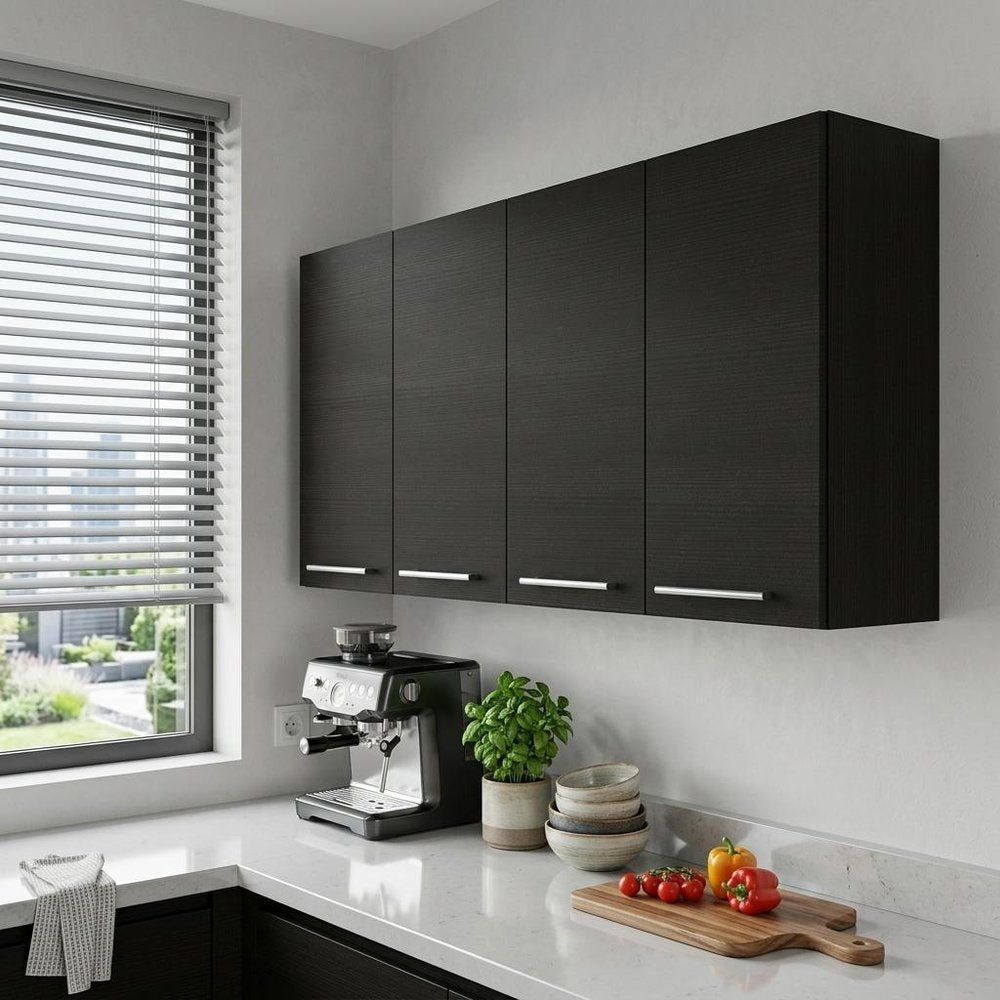 47" Black Wood Wall Mounted Accent Cabinet With Four Doors