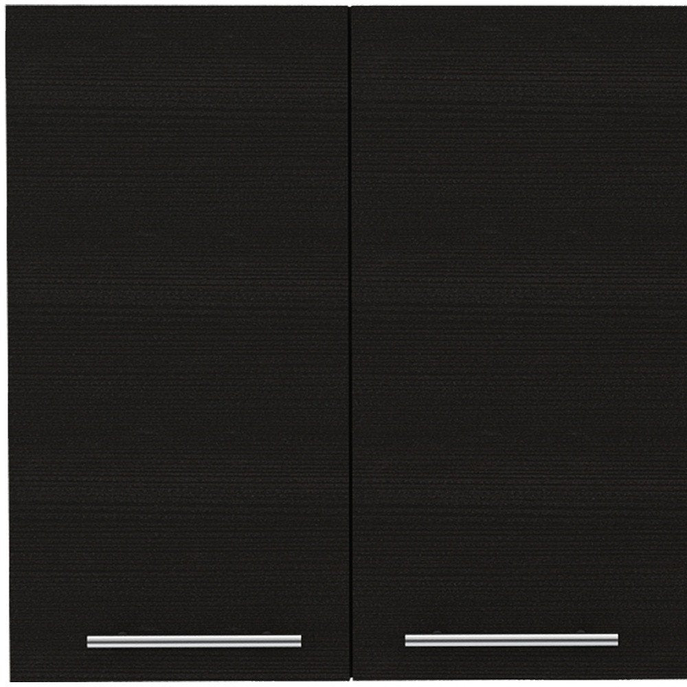 47" Black Wood Wall Mounted Accent Cabinet With Four Doors photographed against a dark studio background in black.