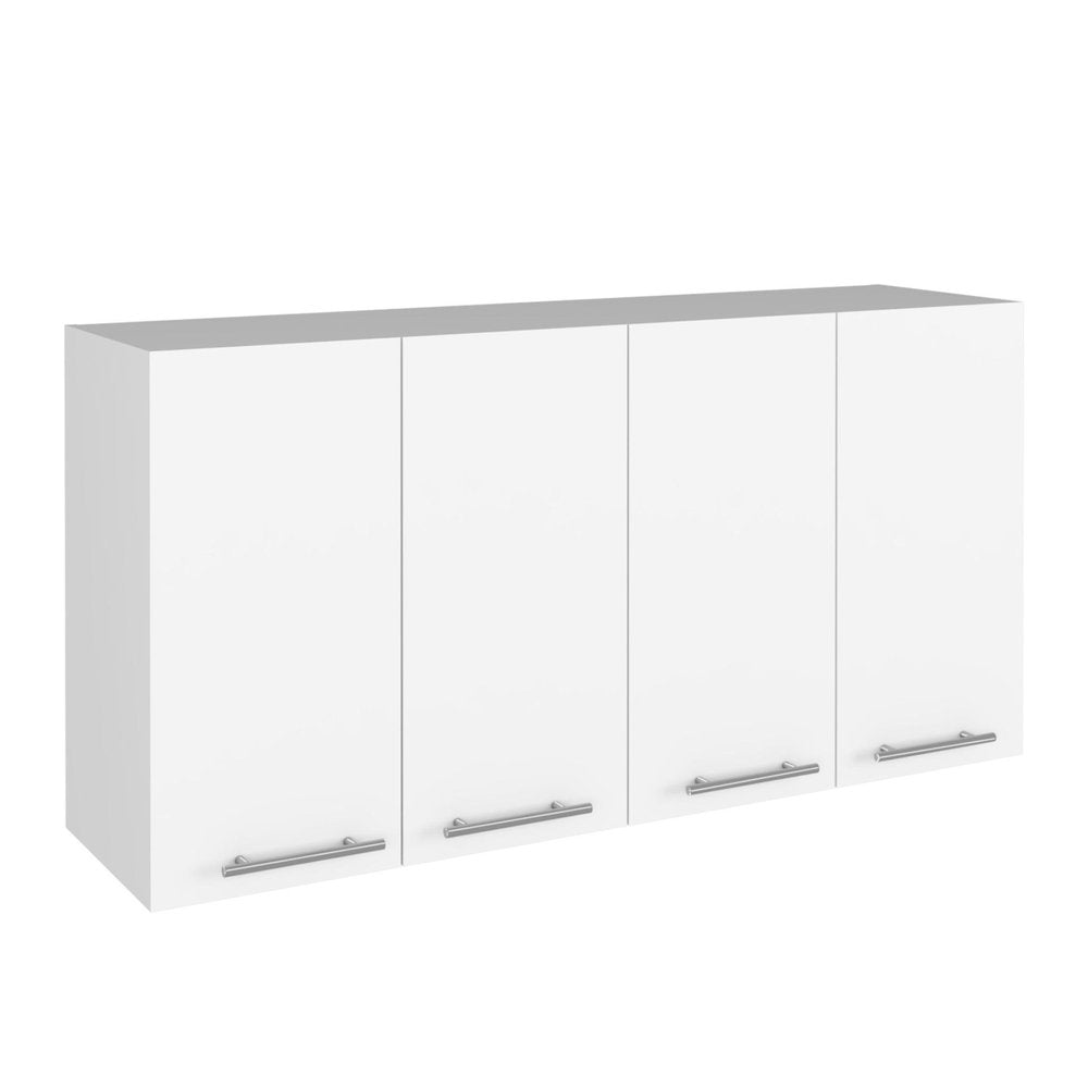 47" White Wood Wall Mounted Accent Chest With Four Doors. Cabinet isolated on a plain white background, finished in white wood.