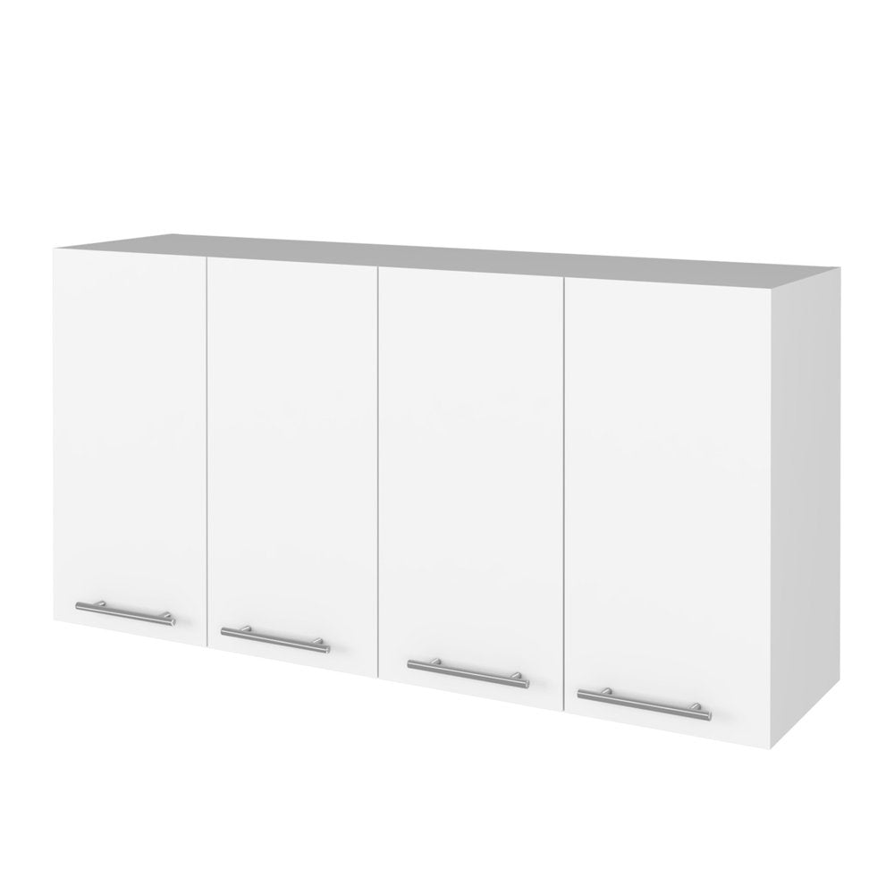 47" White Wood Wall Mounted Accent Chest With Four Doors. Cabinet isolated on a plain white background, showing a white wood surface.