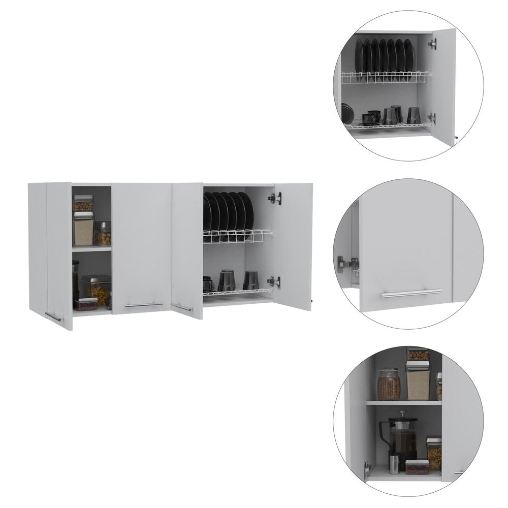 47" White Wood Wall Mounted Accent Chest With Four Doors. Cabinet isolated on a plain white background, showing a wood surface.