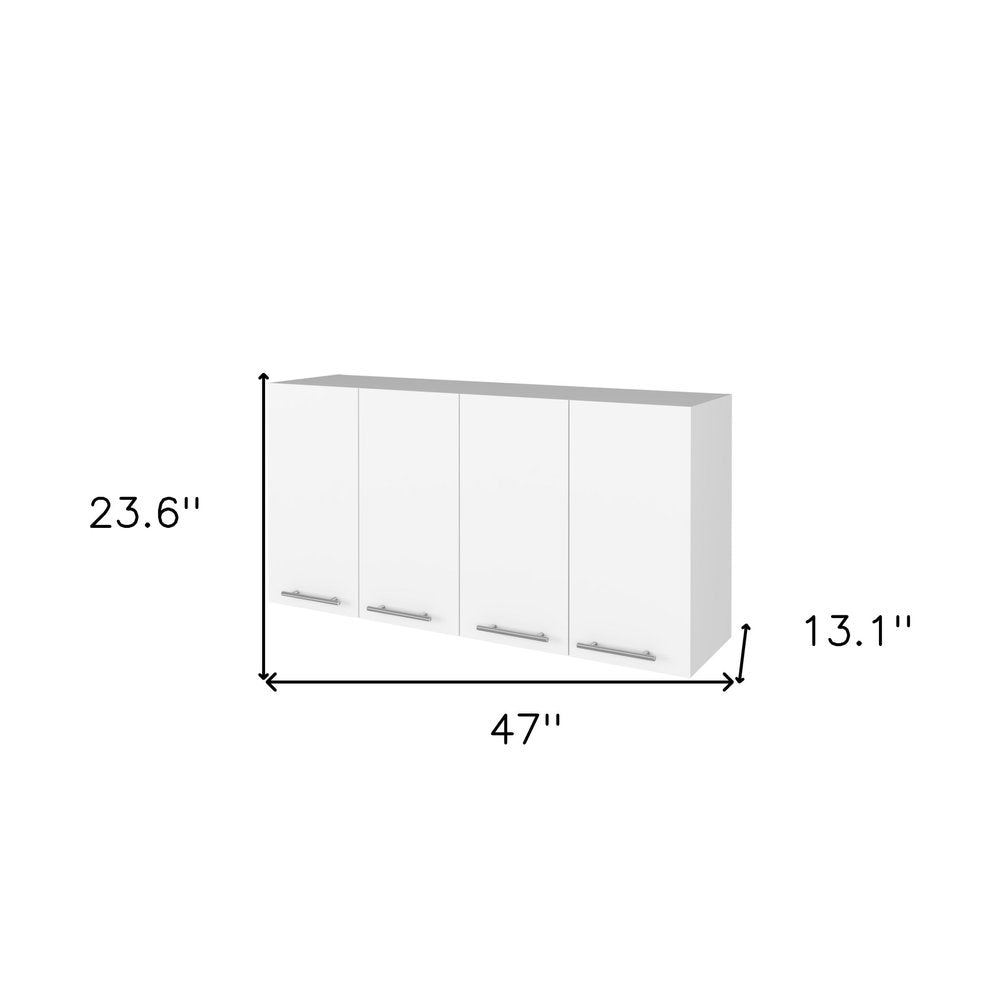 47" White Wood Wall Mounted Accent Chest With Four Doors. Cabinet isolated on a plain white background, finished in white wood.