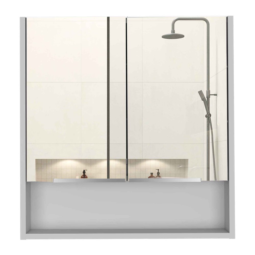 White wood floating single door bathroom vanity and medicine cabinet with mirror, featuring a showerhead and tiled background.