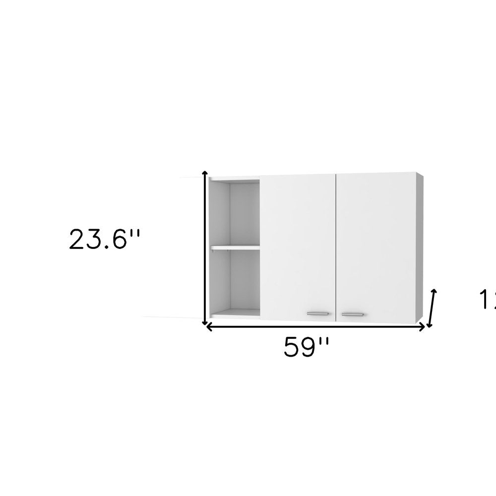 59" White Wood Wall Mounted Accent Cabinet With Four Doors. Cabinet isolated on a plain white background, in a white wood finish.