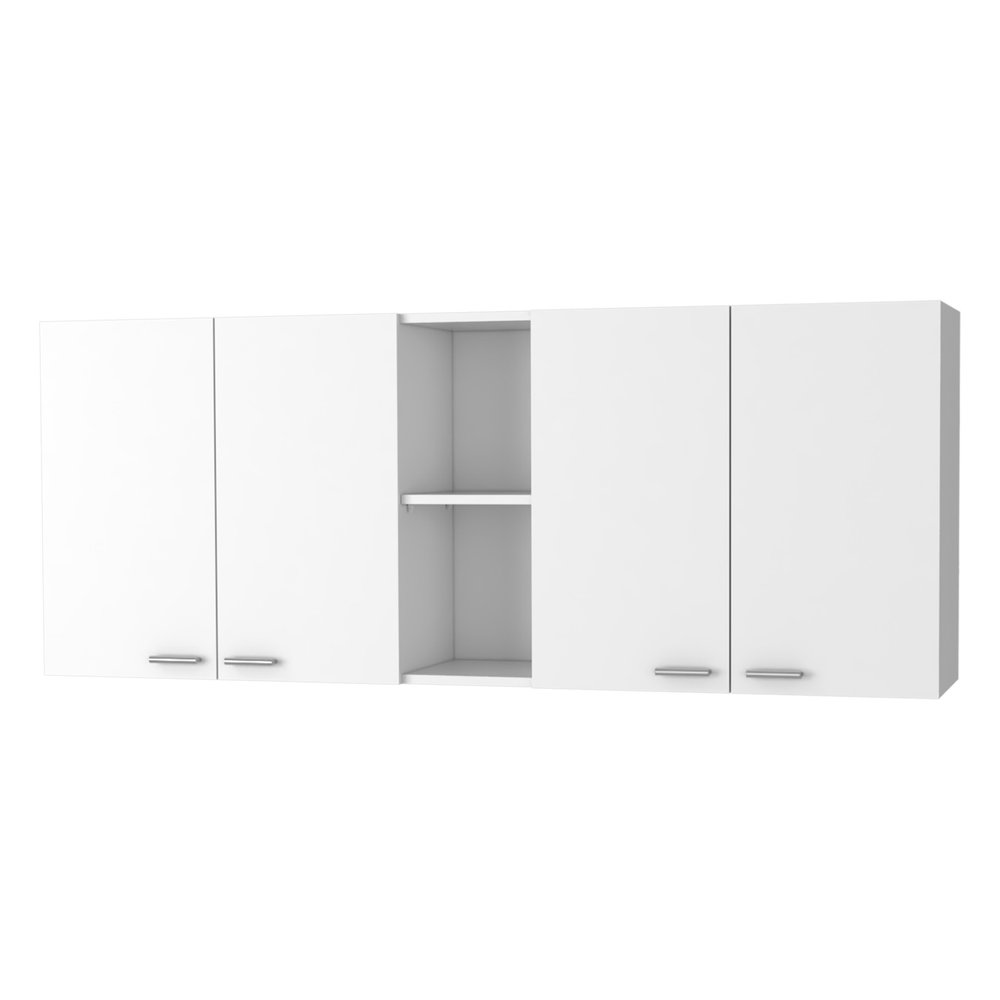 59" White Wood Wall Mounted Accent Cabinet With Four Doors. Cabinet isolated on a plain white background, finished in white wood.