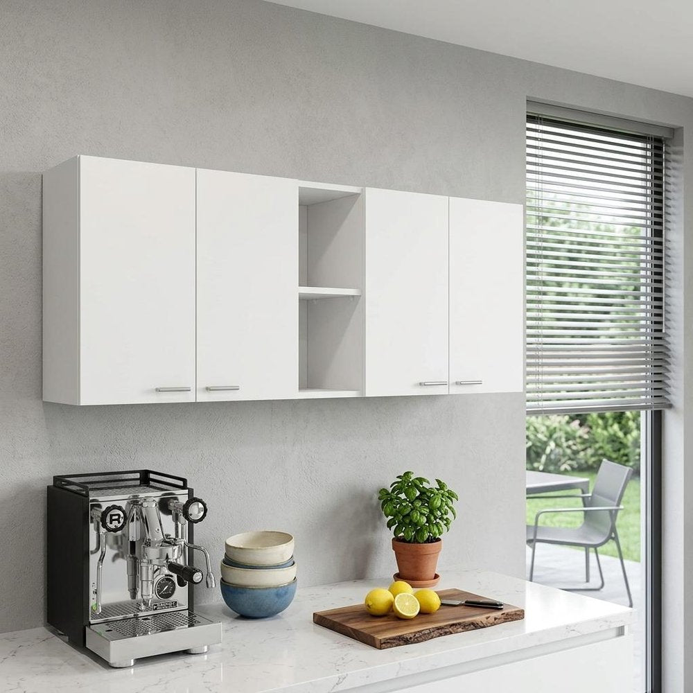 59" White Wood Wall Mounted Accent Cabinet With Four Doors. Cabinet isolated on a plain white background, showing a white wood surface.