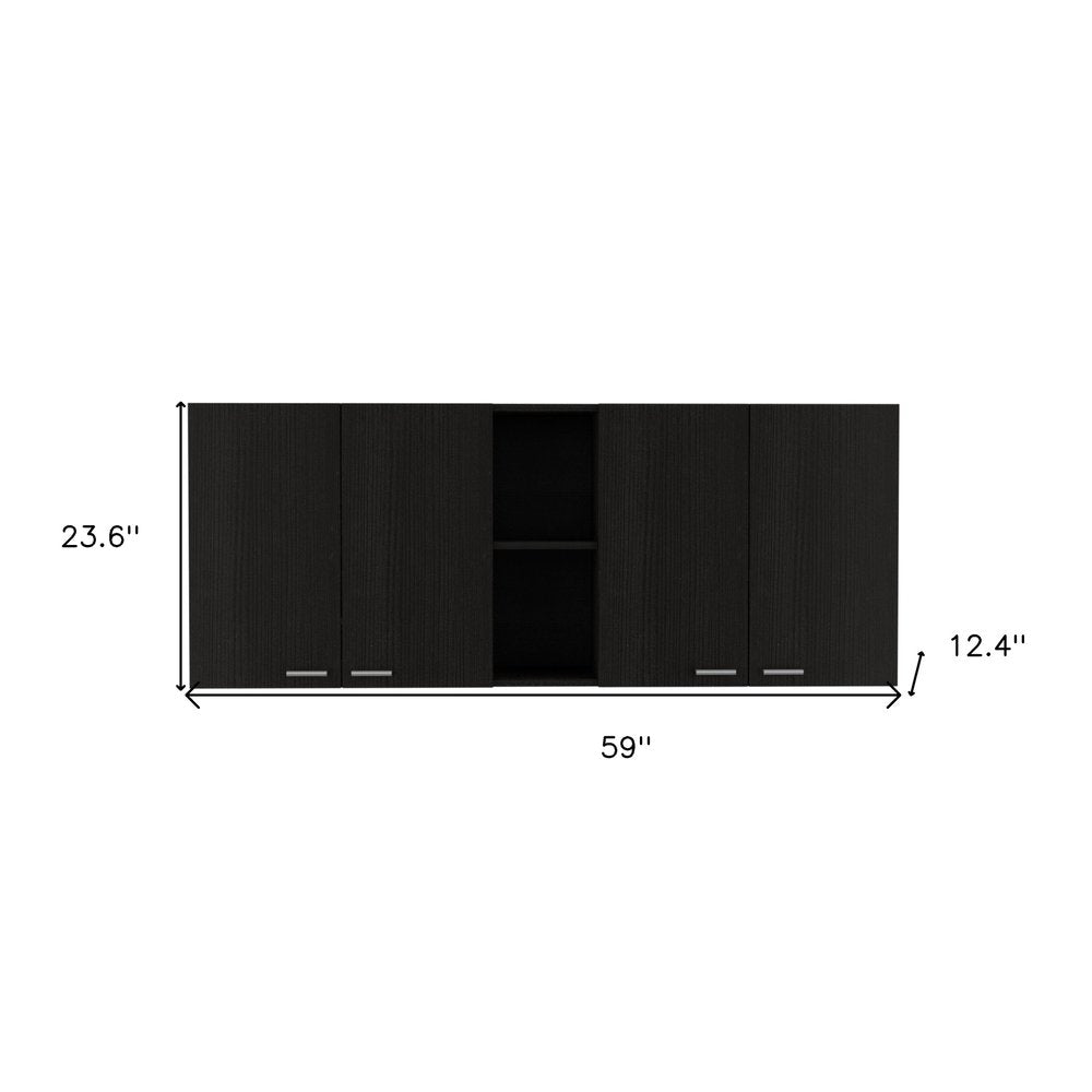 59" Black Wood Wall mounted Accent Cabinet With Five Shelves
