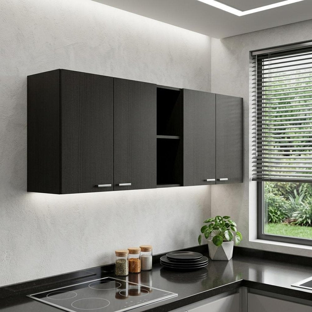 59" Black Wood Wall mounted Accent Cabinet With Five Shelves styled in a furnished interior with a light gray wall on a tiled floor.