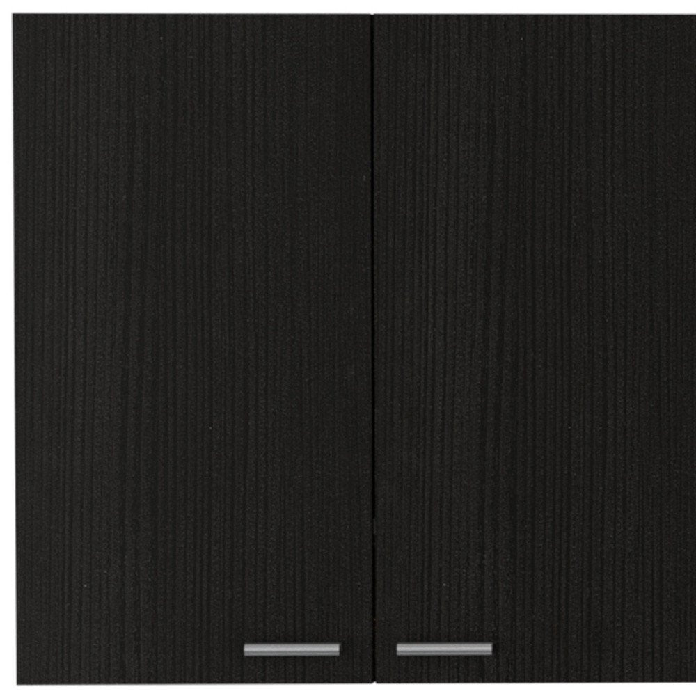 59" Black Wood Wall mounted Accent Cabinet With Five Shelves close-up highlighting the black wood surface.