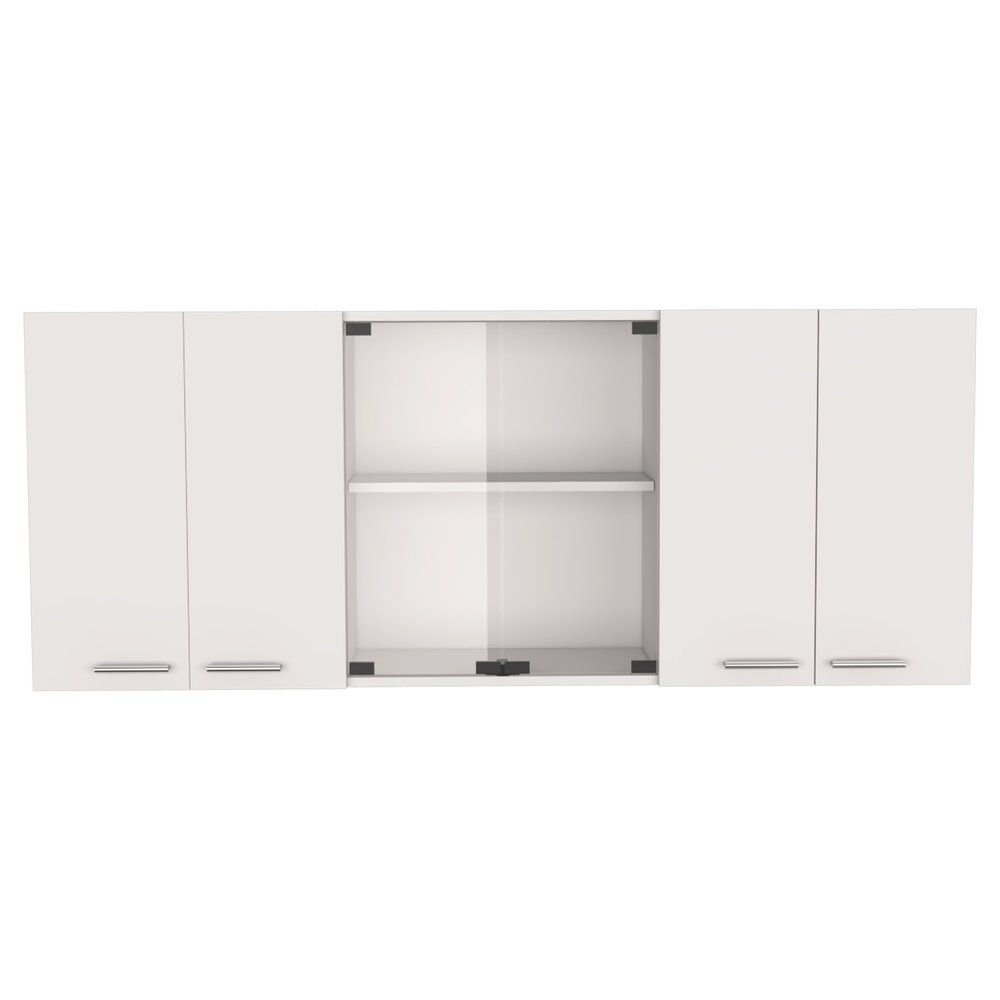 59" White Wood Wall Mounted China Cabinet With Six Doors. Cabinet isolated on a plain white background, showing a white wood surface.