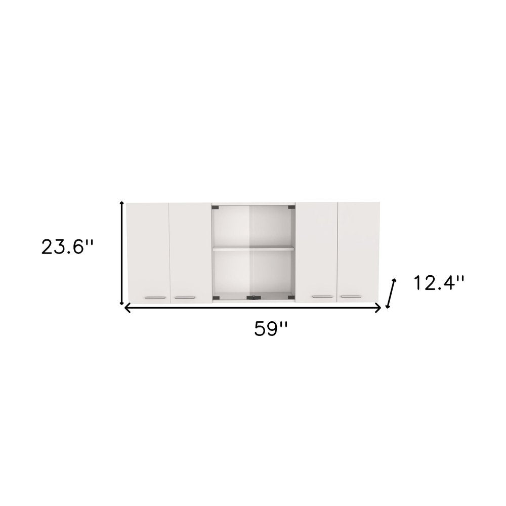 59" White Wood Wall Mounted China Cabinet With Six Doors. Cabinet isolated on a plain white background, finished in white wood.