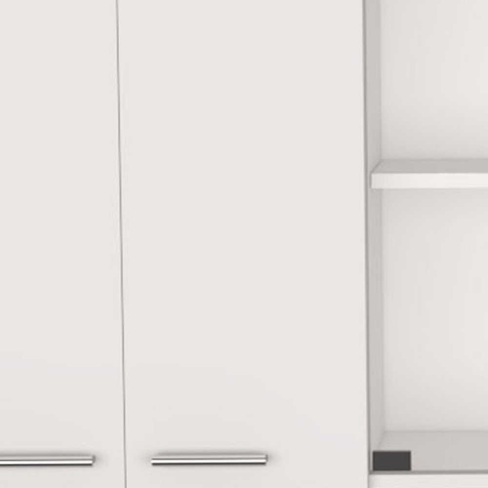 59" White Wood Wall Mounted China Cabinet With Six Doors. Cabinet isolated on a plain white background, showing a white wood surface.