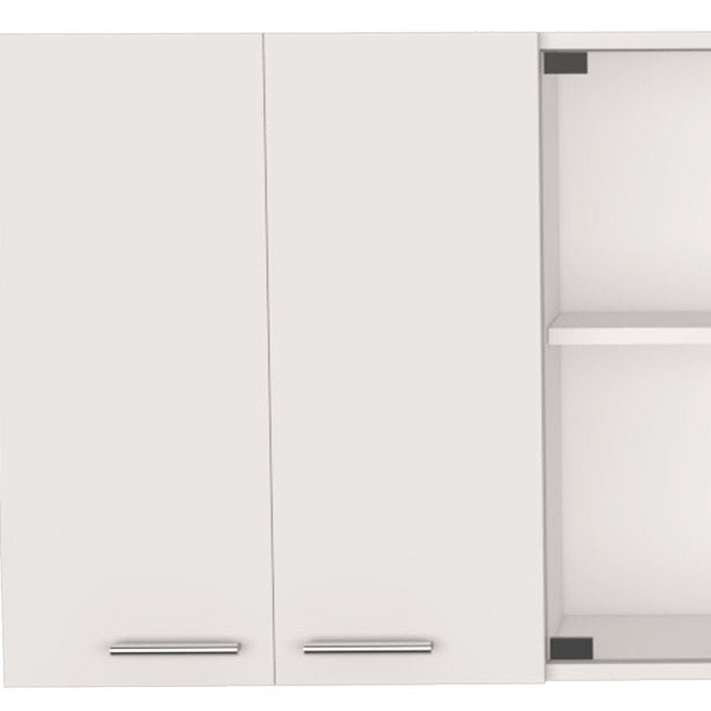59" White Wood Wall Mounted China Cabinet With Six Doors close-up highlighting the white wood surface.