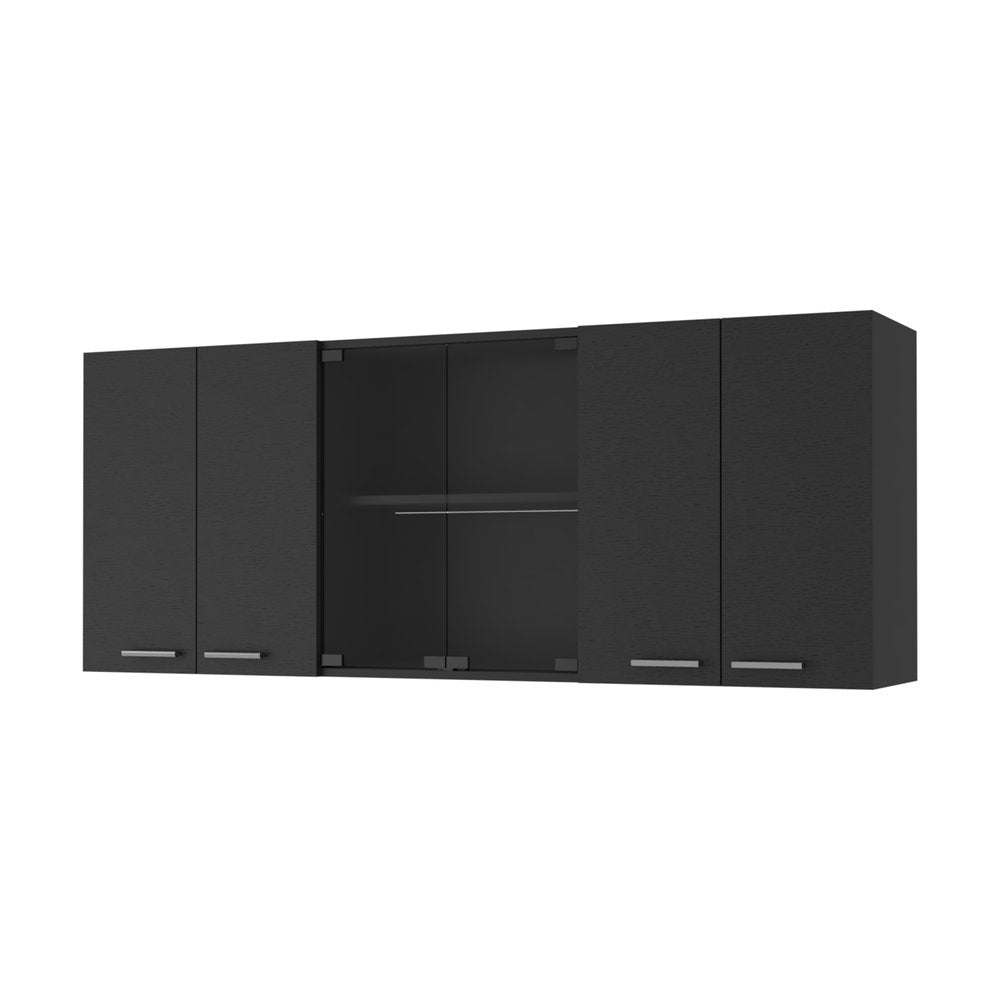 59" Black Wood Wall Mounted China Cabinet With Six Doors. Cabinet isolated on a plain white background, in a black wood finish.