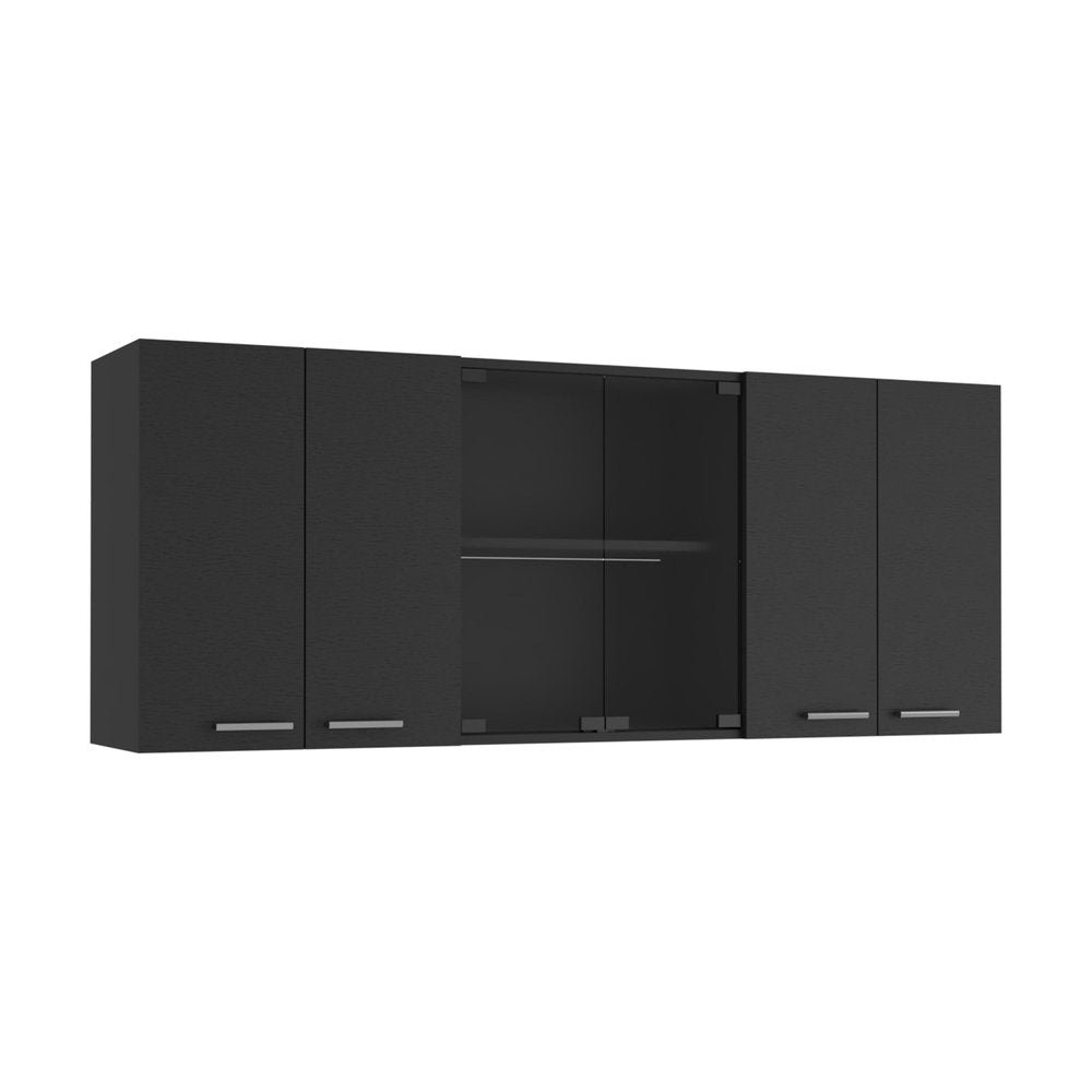 59" Black Wood Wall Mounted China Cabinet With Six Doors. Cabinet isolated on a plain white background, showing a black wood surface.