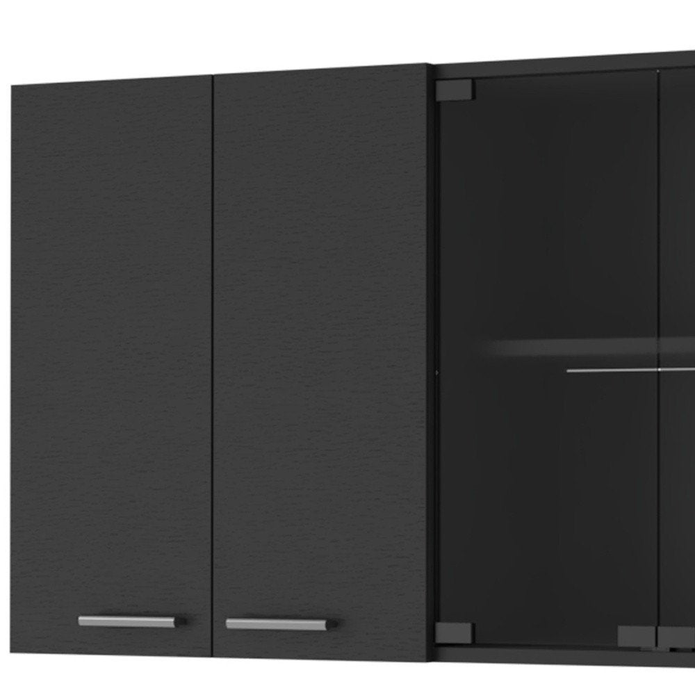 59" Black Wood Wall Mounted China Cabinet With Six Doors
