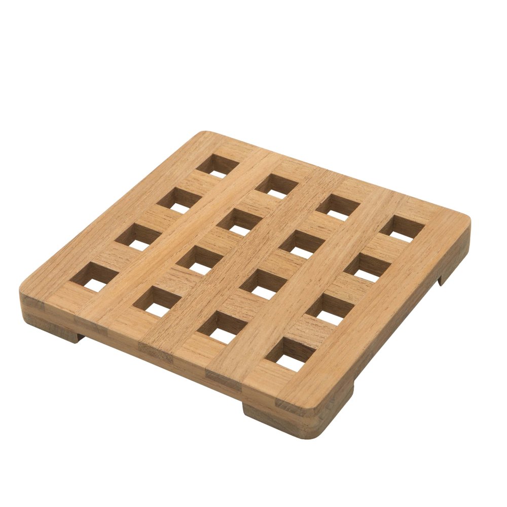 Square wooden trivet with a grid pattern of square cutouts, natural wood finish, on a white background.