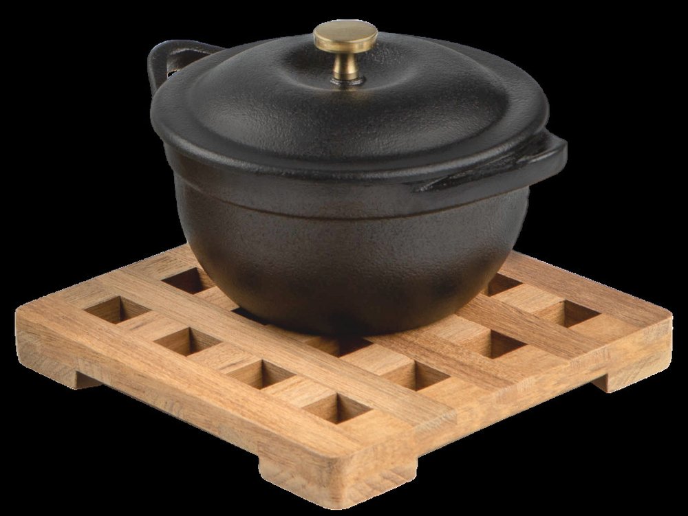 6.00 " Square Wood Trivet photographed against a dark studio background in brown.
