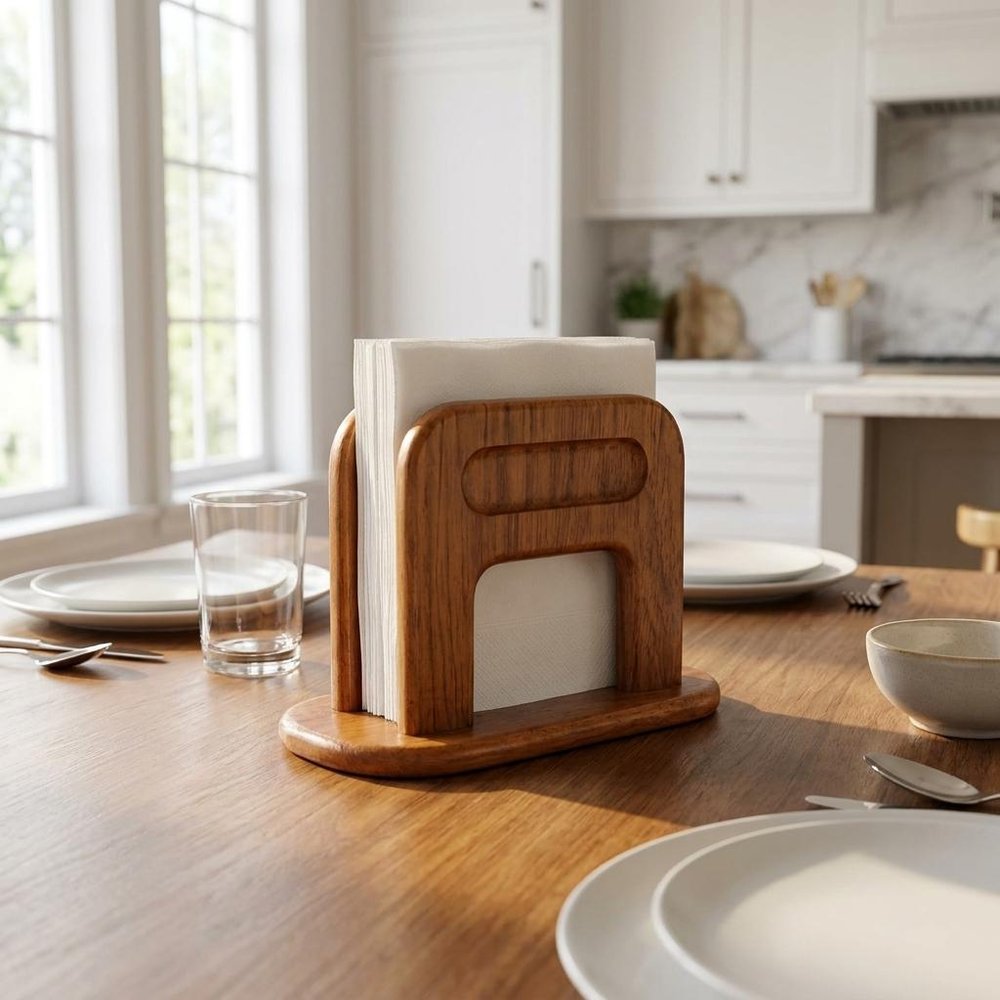 8" Brown Solid Wood Napkin Holder on a white background