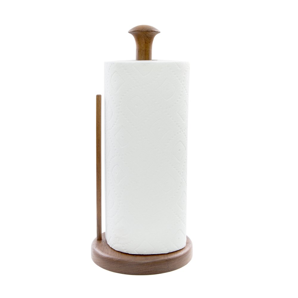 Wooden paper towel holder with a white paper towel roll on a white background.