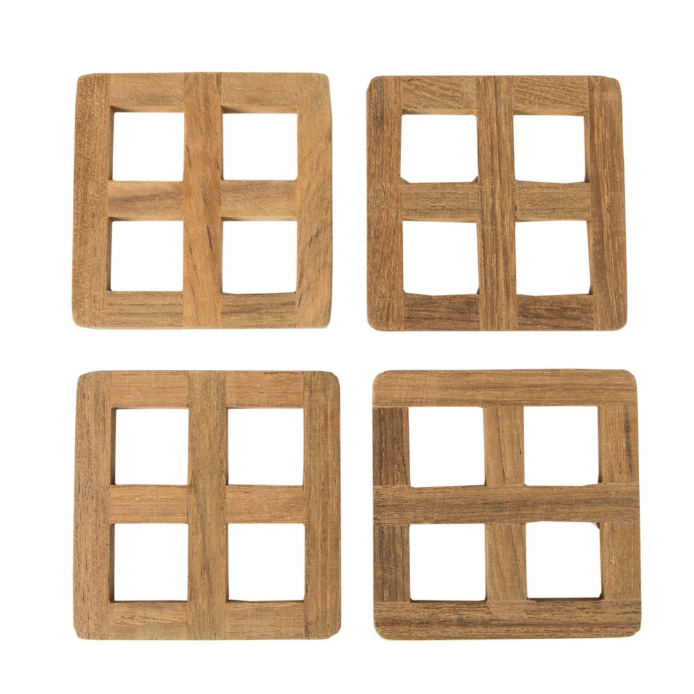 set of four 3.00 " Square Wood Coaster on a white background
