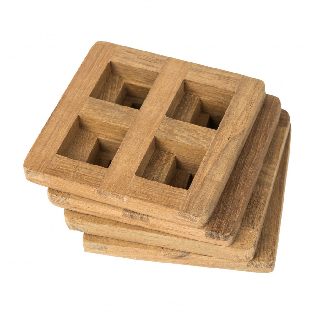 set of four 3.00 " Square Wood Coaster on a white background
