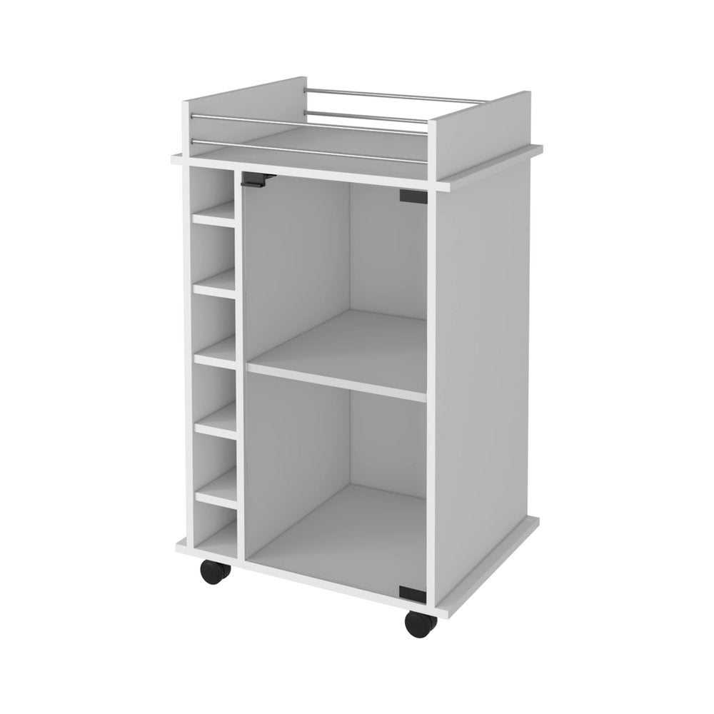 White rolling bar cart with wine storage, featuring multiple shelves and a metal rack on top, on a white background.