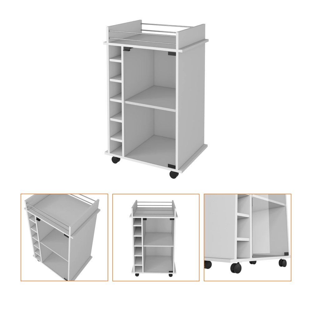 White Rolling Bar Cart With Wine Storage - 35" H x 21.6" W x 16.3" D