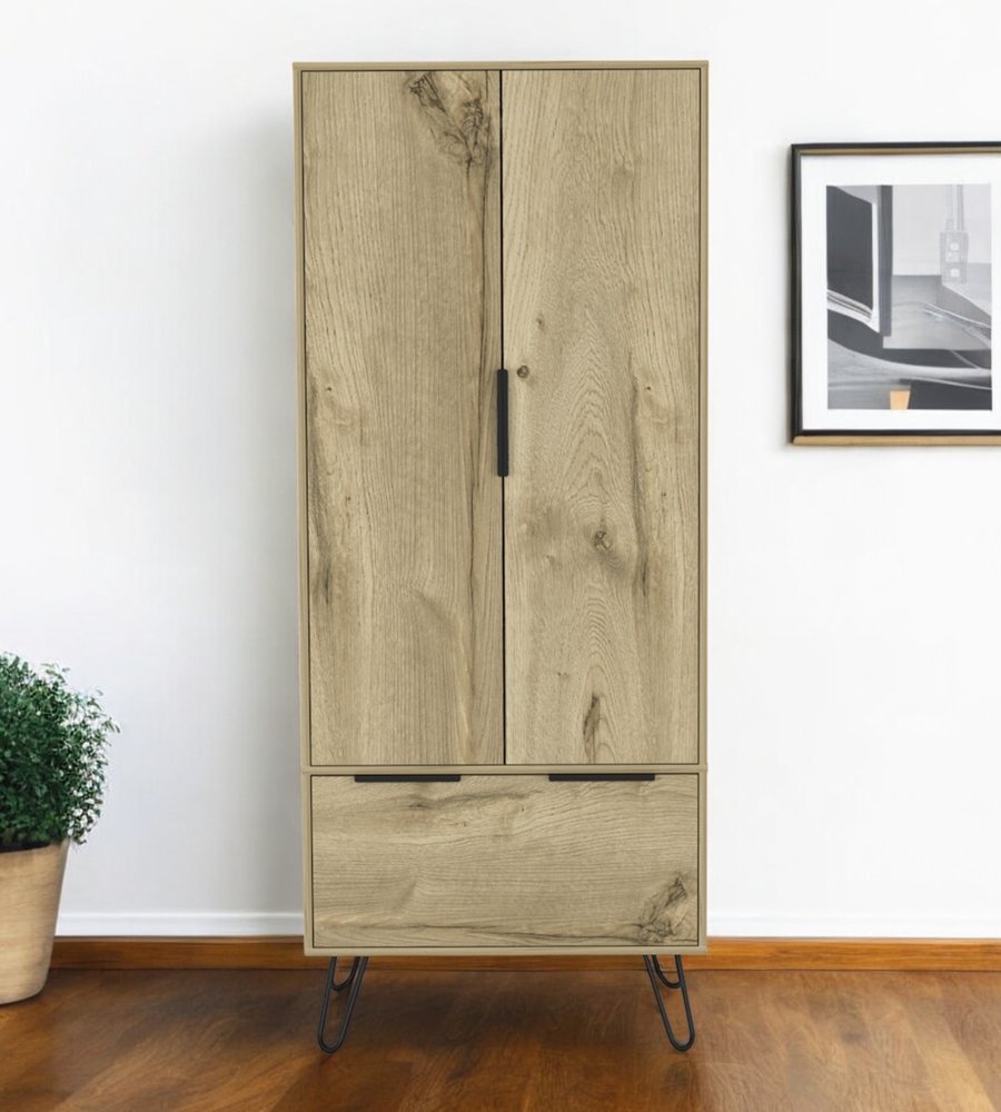 74" Oak Wood Two Door Single Drawer Combo Dresser on a white background