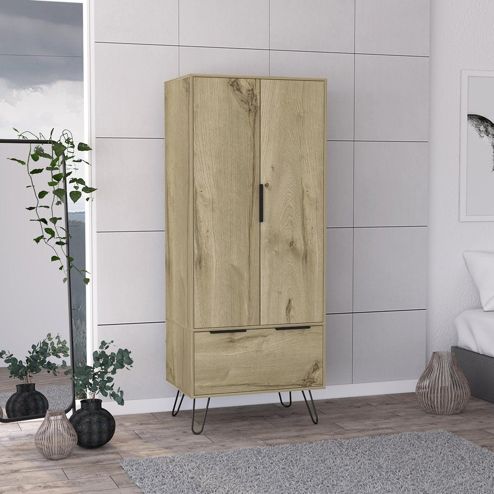 74" Oak Wood Two Door Single Drawer Combo Dresser in a home interior