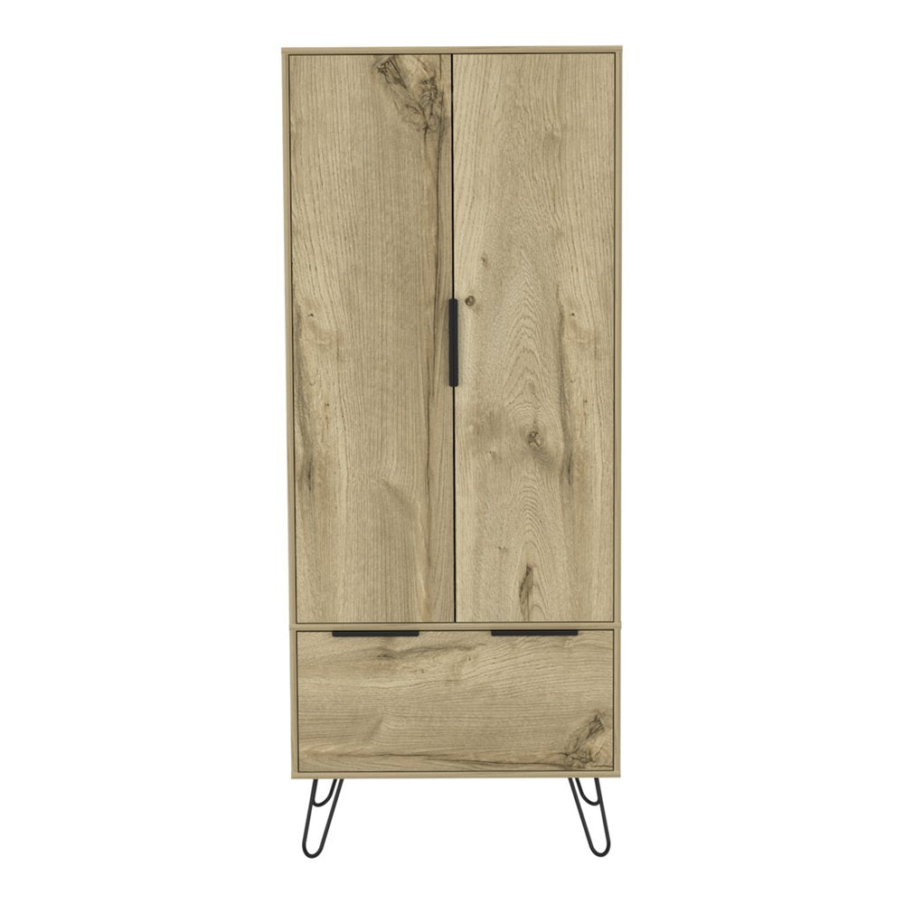 74" Oak Wood Two Door Single Drawer Combo Dresser on a white background