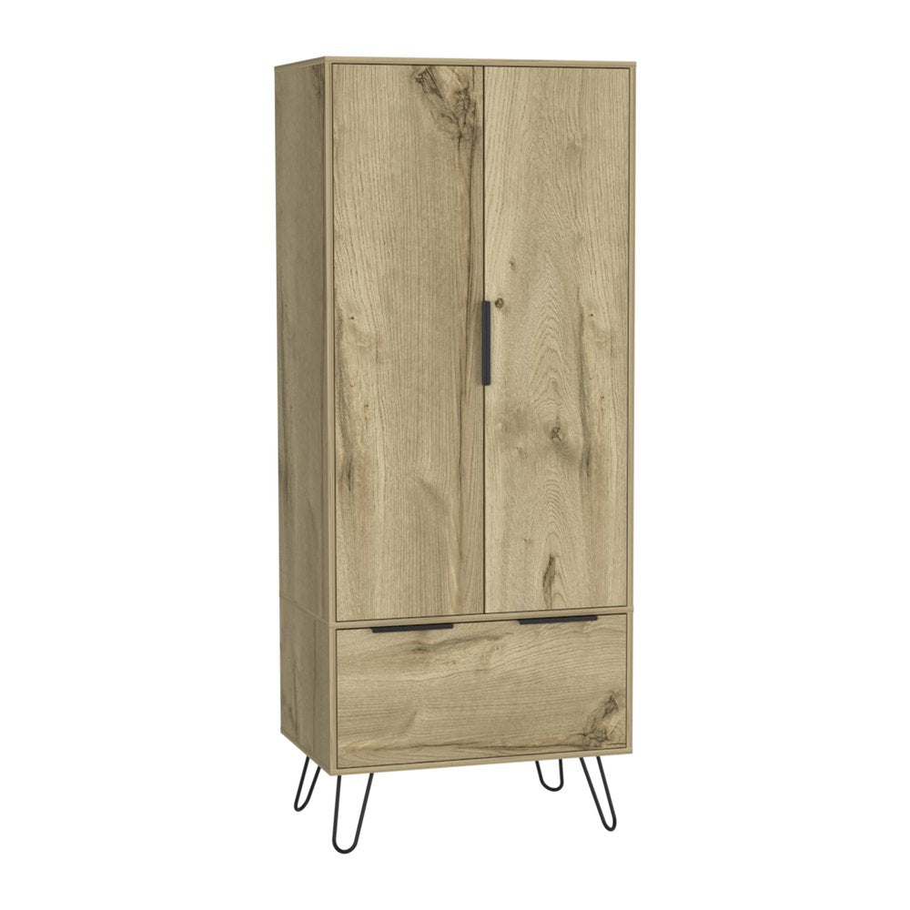 74" Oak Wood Two Door Single Drawer Combo Dresser on a white background