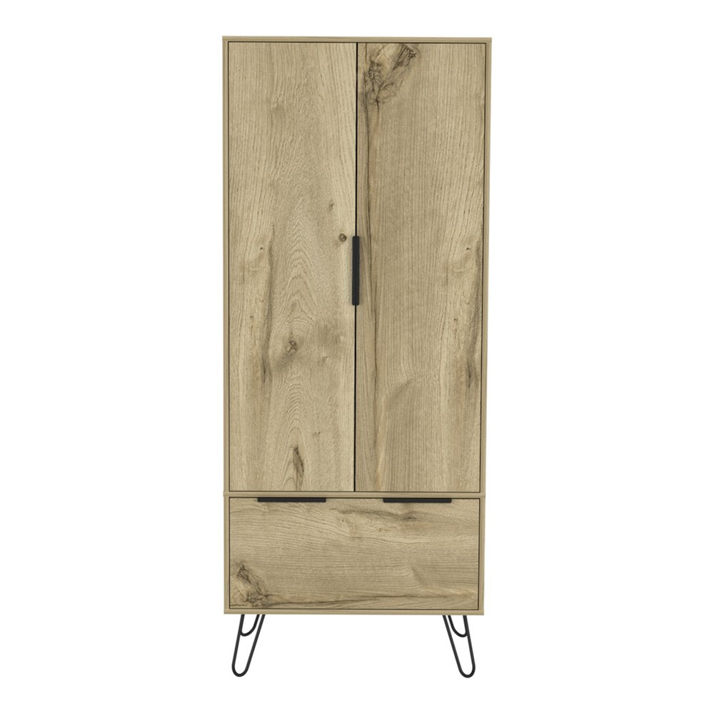 74" Oak Wood Two Door Single Drawer Combo Dresser on a white background