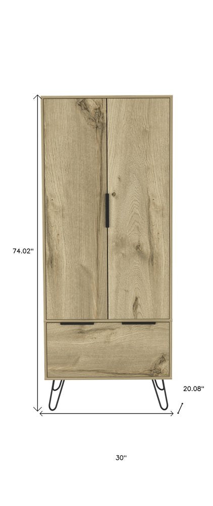 74" Oak Wood Two Door Single Drawer Combo Dresser on a white background