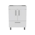 White wood freestanding bathroom vanity with double doors, a drawer, and a sink on a white background.