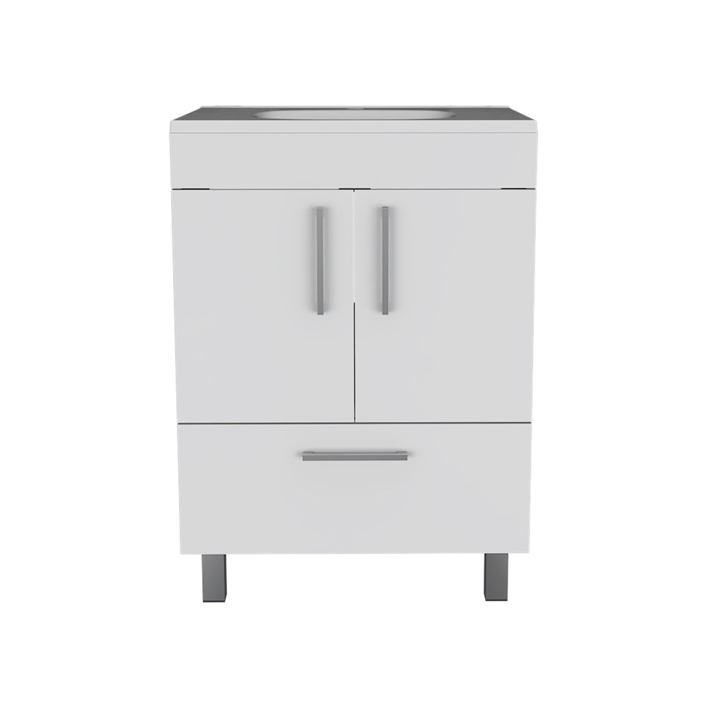 White wood freestanding bathroom vanity with double doors, a drawer, and a sink on a white background.
