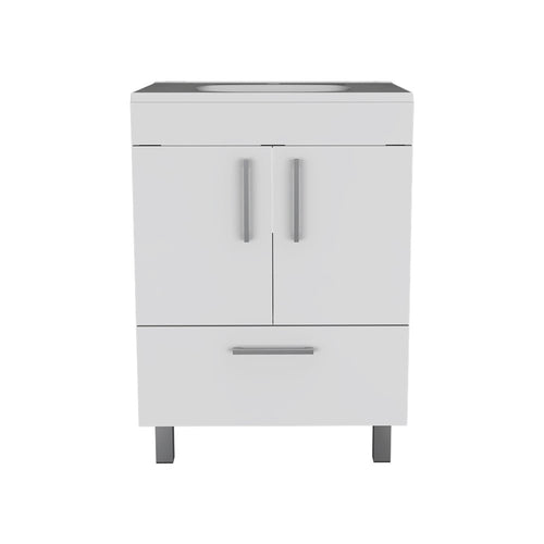 White wood freestanding bathroom vanity with double doors, a drawer, and a sink on a white background.