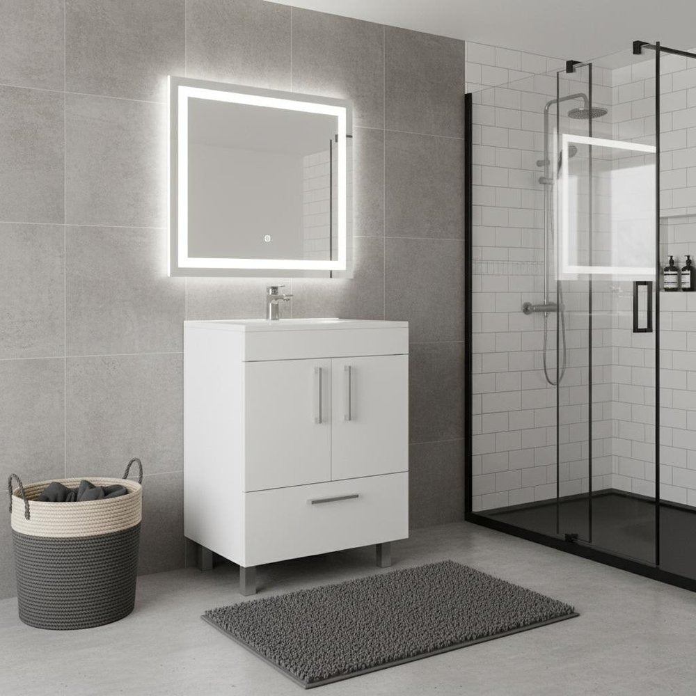 Close-up of 24" White Wood Freestanding Double Door Bathroom Vanity With Sink - 33.46" H x 23.62" W x 17.71" D showing the wood texture.