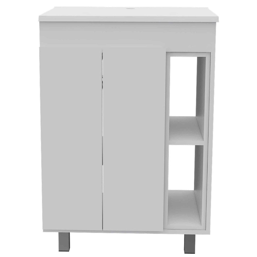 White wood freestanding double door bathroom vanity with open shelving on the right, on a white background.