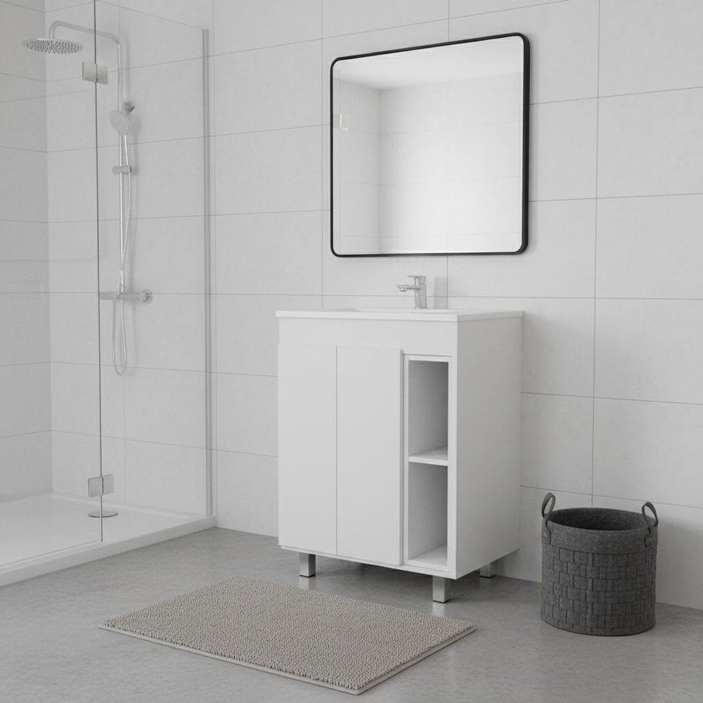 24" White Wood Freestanding Double Door Bathroom Vanity With Sink - 34.00" H x 24.00" W x 17.90" D. Bathroom vanity isolated on a plain white background, finished in white wood.
