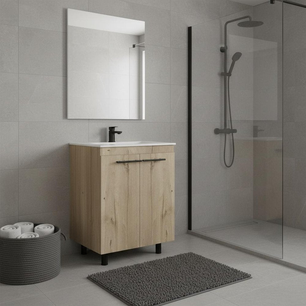 Close-up of 24" Oak Wood Freestanding Double Door Bathroom Vanity With White Sink showing the wood texture.