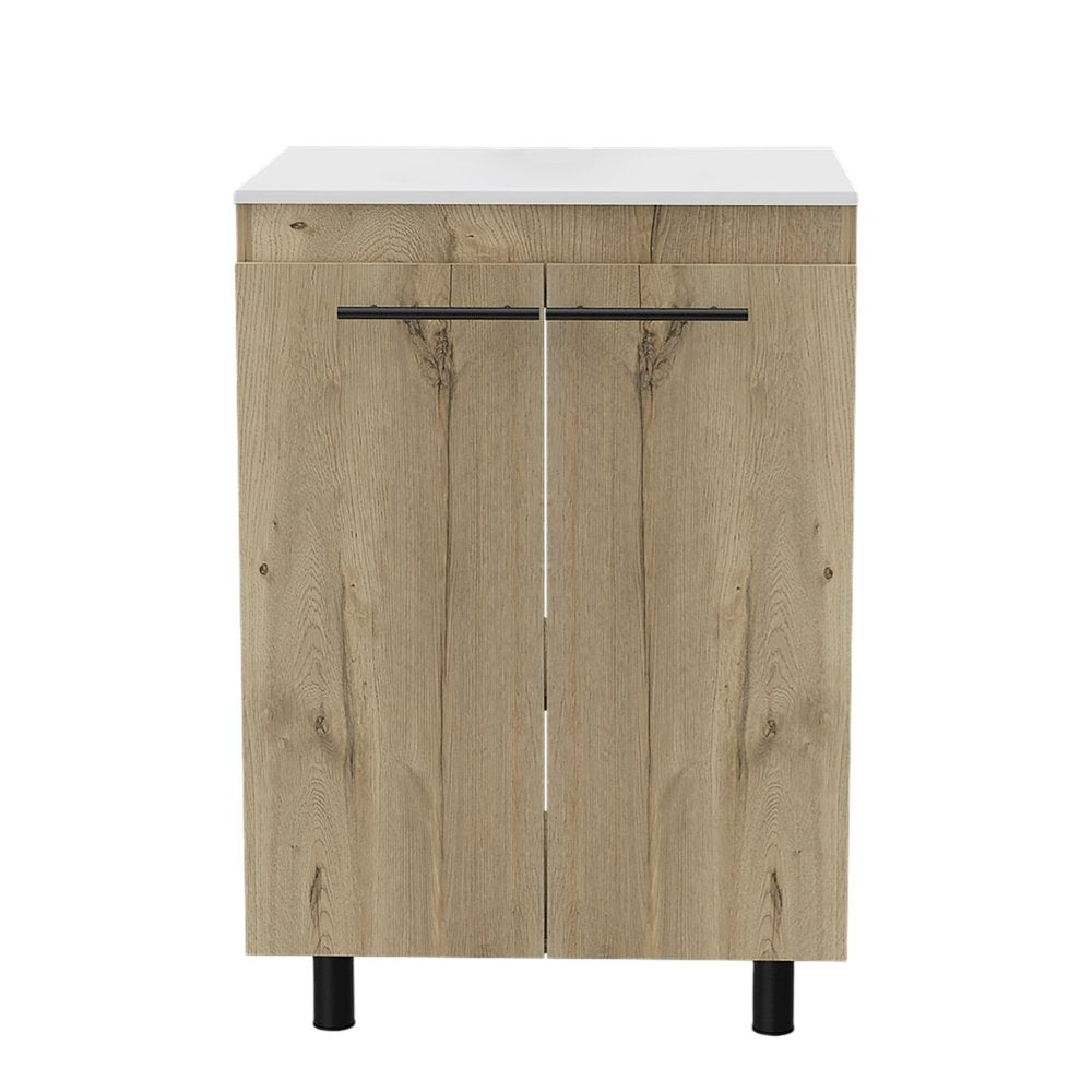 A 24-inch oak wood freestanding double door bathroom vanity with a white sink and black handles against a white background.