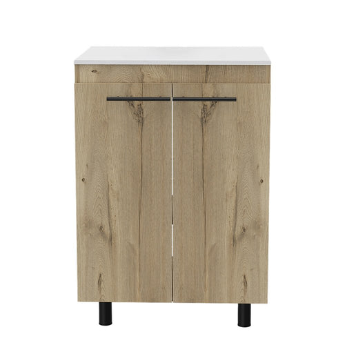 A 24-inch oak wood freestanding double door bathroom vanity with a white sink and black handles against a white background.
