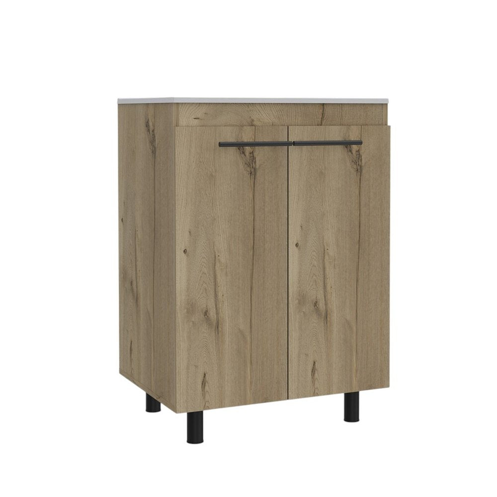 24" Oak Wood Freestanding Double Door Bathroom Vanity With White Sink. Bathroom vanity isolated on a plain white background, finished in white wood.