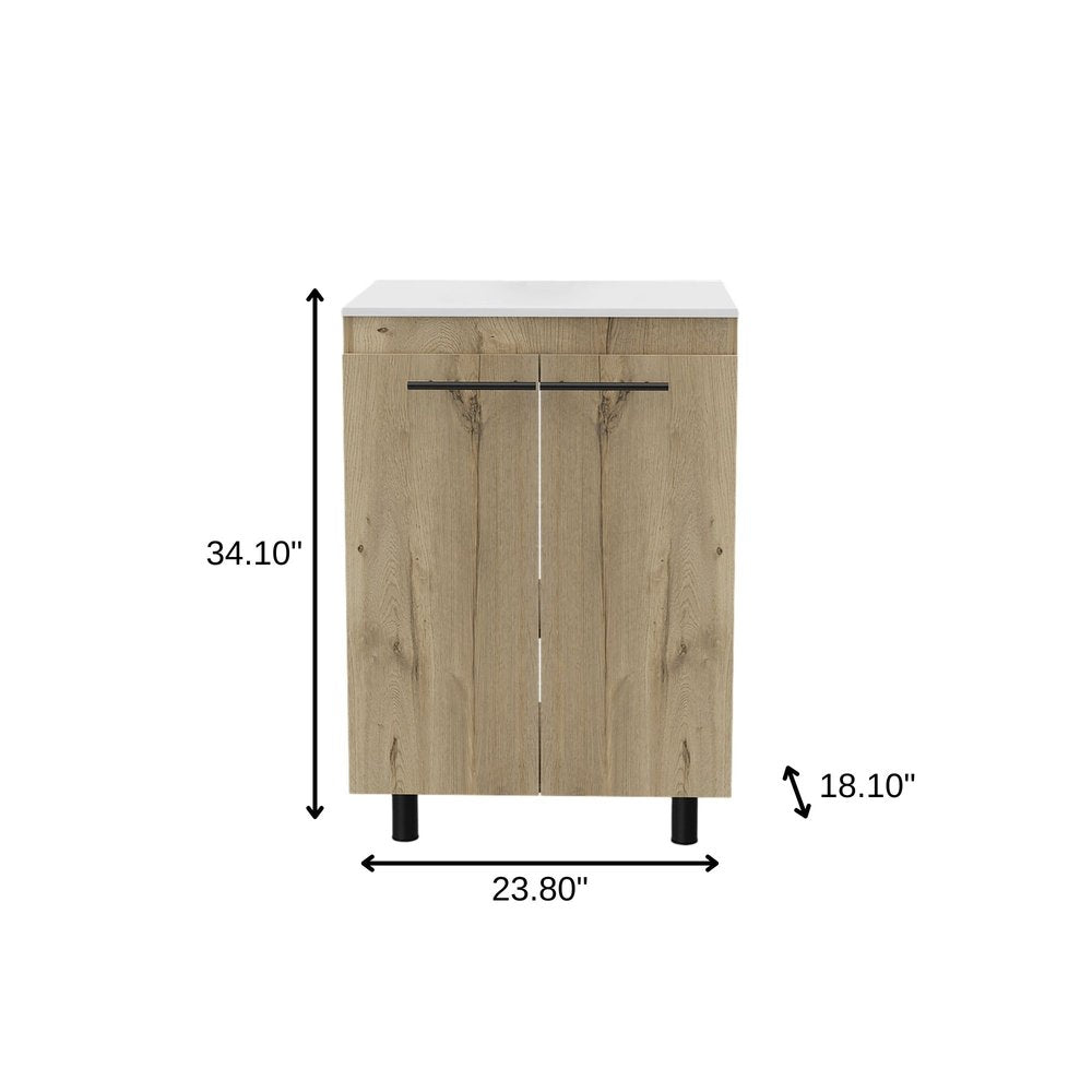 24" Oak Wood Freestanding Double Door Bathroom Vanity With White Sink