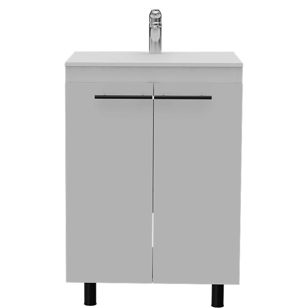 White wood bathroom vanity with double doors, a sink, and a chrome faucet, set against a white background.