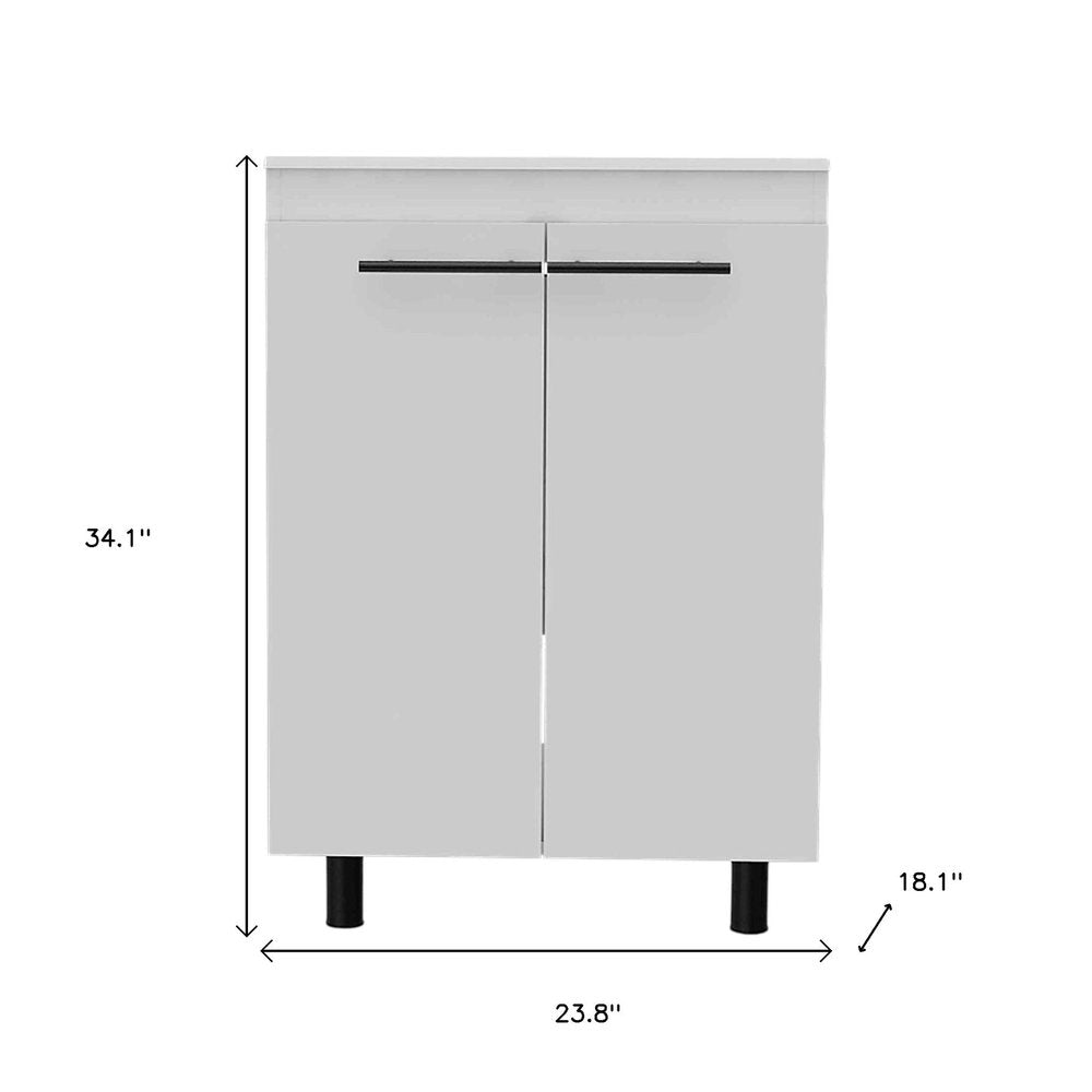 24" White Wood Freestanding Double Door Bathroom Vanity With Sink - 34.10" H x 23.80" W x 18.10" D. Bathroom vanity isolated on a plain white background, finished in white wood.