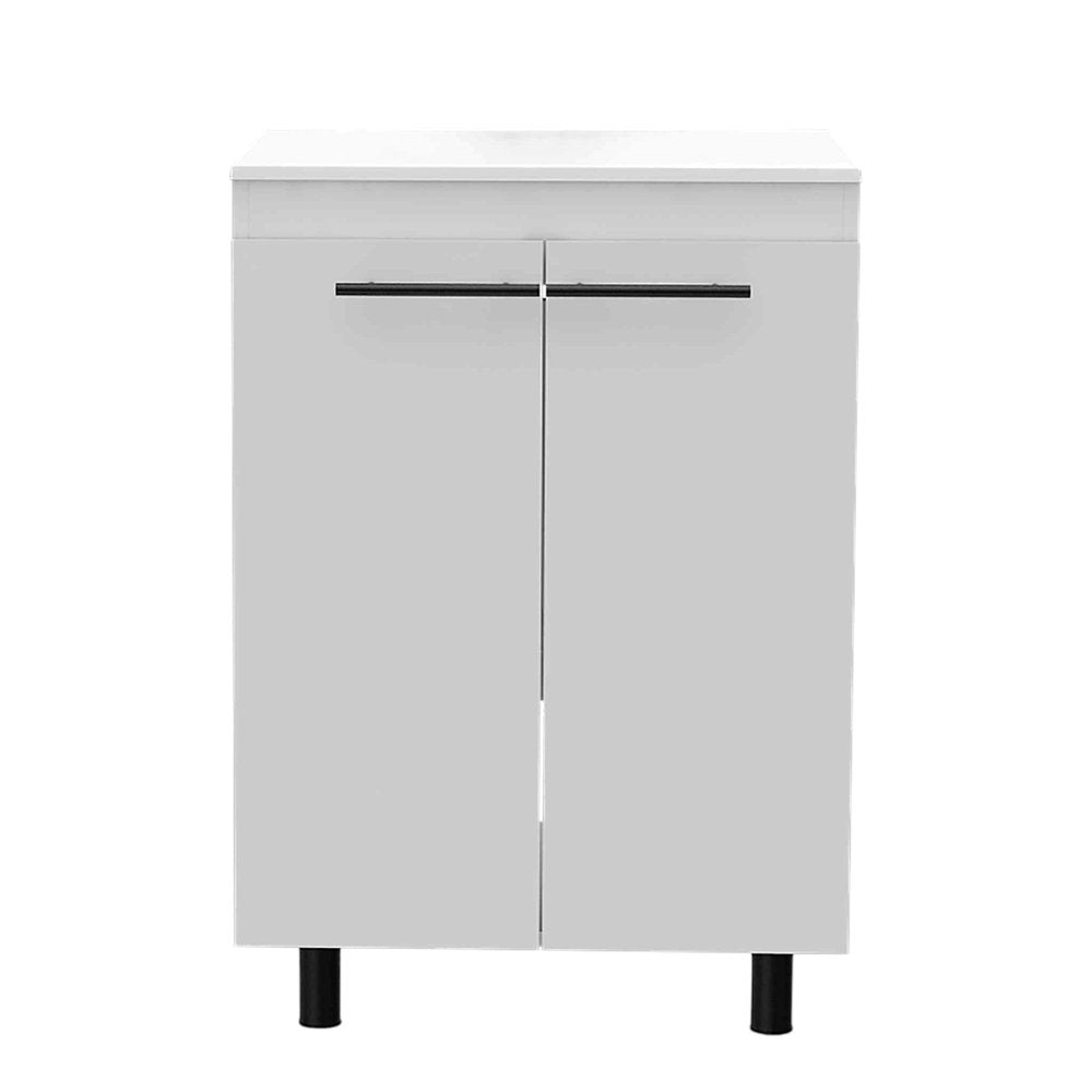 24" White Wood Freestanding Double Door Bathroom Vanity With Sink - 34.10" H x 23.80" W x 18.10" D. Bathroom vanity isolated on a plain white background, showing a white wood surface.