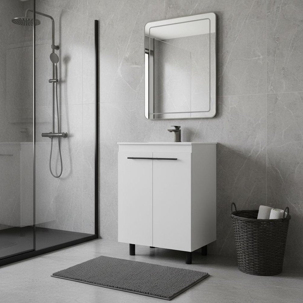 24" White Wood Freestanding Double Door Bathroom Vanity With Sink - 34.10" H x 23.80" W x 18.10" D styled in a furnished interior with a gray wall on a tiled floor.